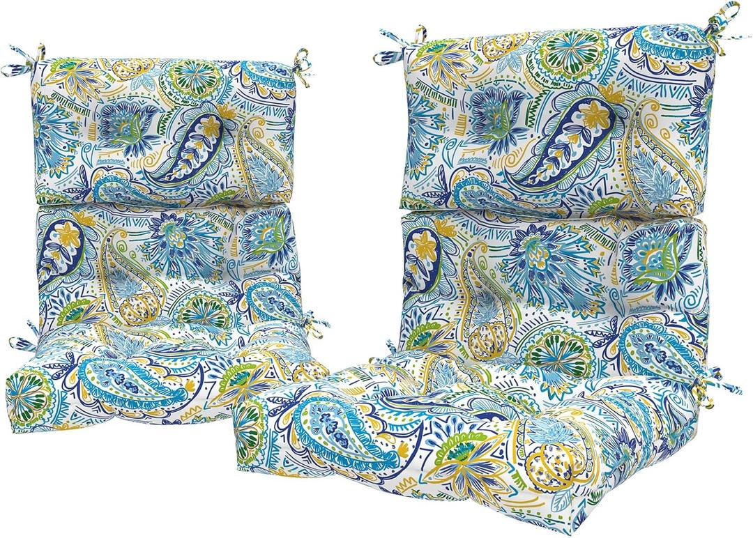 LVTXIII 2 Pack Outdoor/Indoor High Back Chair Cushions, Deep Seat Patio Seat and Back Cushion Set, Stuffed High Rebound Foam Rocking Chair Cushions, 44x22x4, Paisley Blue