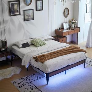 Queen Metal Platform Bed Frame with LED Light Strip & Charging Station, 12.6 Heavy Duty Steel Slat Support, Noise-Free, Anti-Slip Mattress Stopper, No Box Spring Needed, Easy Assembly, Black