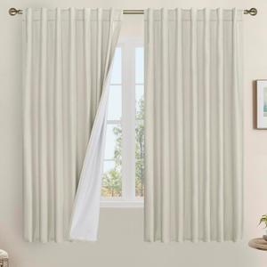LAMIT 100% Blackout Linen Curtains 63 Inches Long, Linen Textured Living Room Window Curtains Full Room Darkening Back Tab and Rod Pocket Panels with White Liner, 2 Panels, Stone, 60 x 63 Inch
