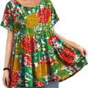 YESNO Women's Casual Short Sleeve Shirts Summer Floral Loose Tiered Swing Tunics Tops Blouses BEL (Green, XXL)