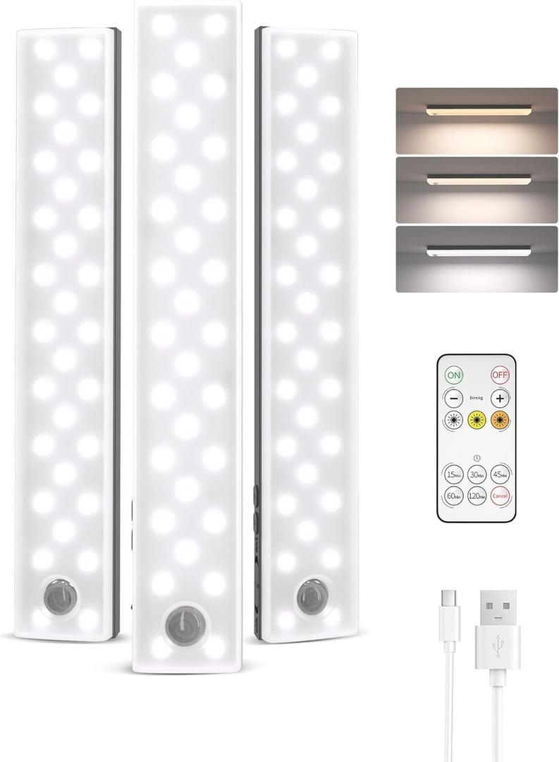 EZVALO 62 LEDs Under Cabinet Lighting, 2000mAh LED Closet Lights with Remote 3 Color Temps, Rechargeable Motion Sensor Lights Indoor Battery Operated, Wireless Under Counter Lights for Kitchen 3 Pack