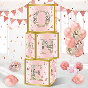DataMoon 1st Birthday Decorations Boxes for Baby Girl - 3PCS Pink Rose Gold Onederful First Birthday Balloons Boxes, One Year Old Happy Birth Party Theme Cardboard Box for Cake Smash Photo Props