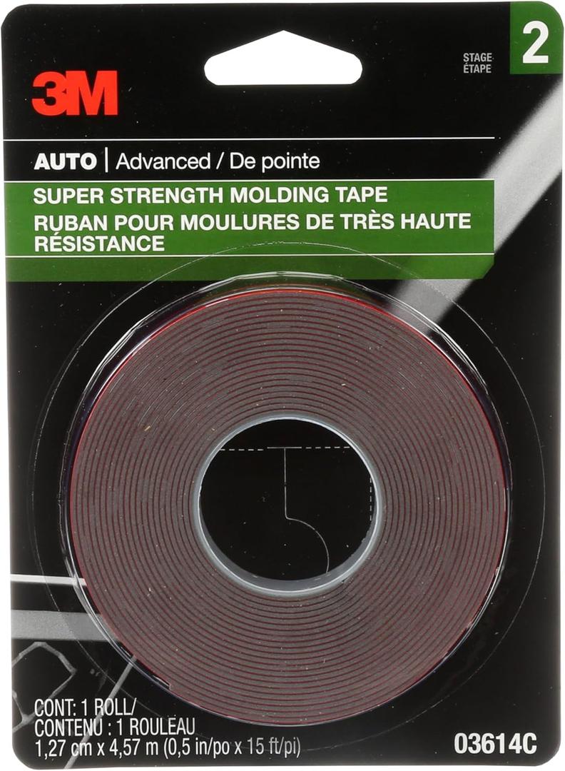 3M Super-Strength Molding Tape, 1/2 in x 15 ft, High Strength Double-Sided Adhesive, Permanently Attaches Side Moldings, Trim and Emblems to Interior and Exterior of Vehicles (03614)