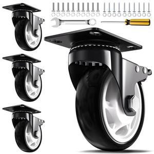 Caster Wheels, 4 Inch Heavy Duty Casters, 2400lbs Capacity (Set of 4) - Industrial Swivel Wheels with Dual-Locking Brakes, Silent & Non-Marking for Workbenches, Carts, Furniture