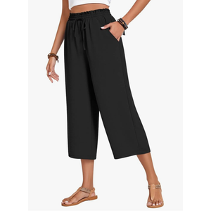 Anyhold Women's Capri Pants Drawstring Casual Palazzo Trousers with Pockets Loose High Waisted Wide Leg Lounge Pants 3XL