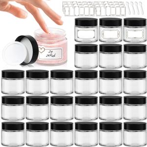 2 oz Clear Glass Jars with Lids 24Pack, Small Jars with Inner Liners for Sample, Powder, Cream, Lotion and Ointments with Stickers & Spatulas Included