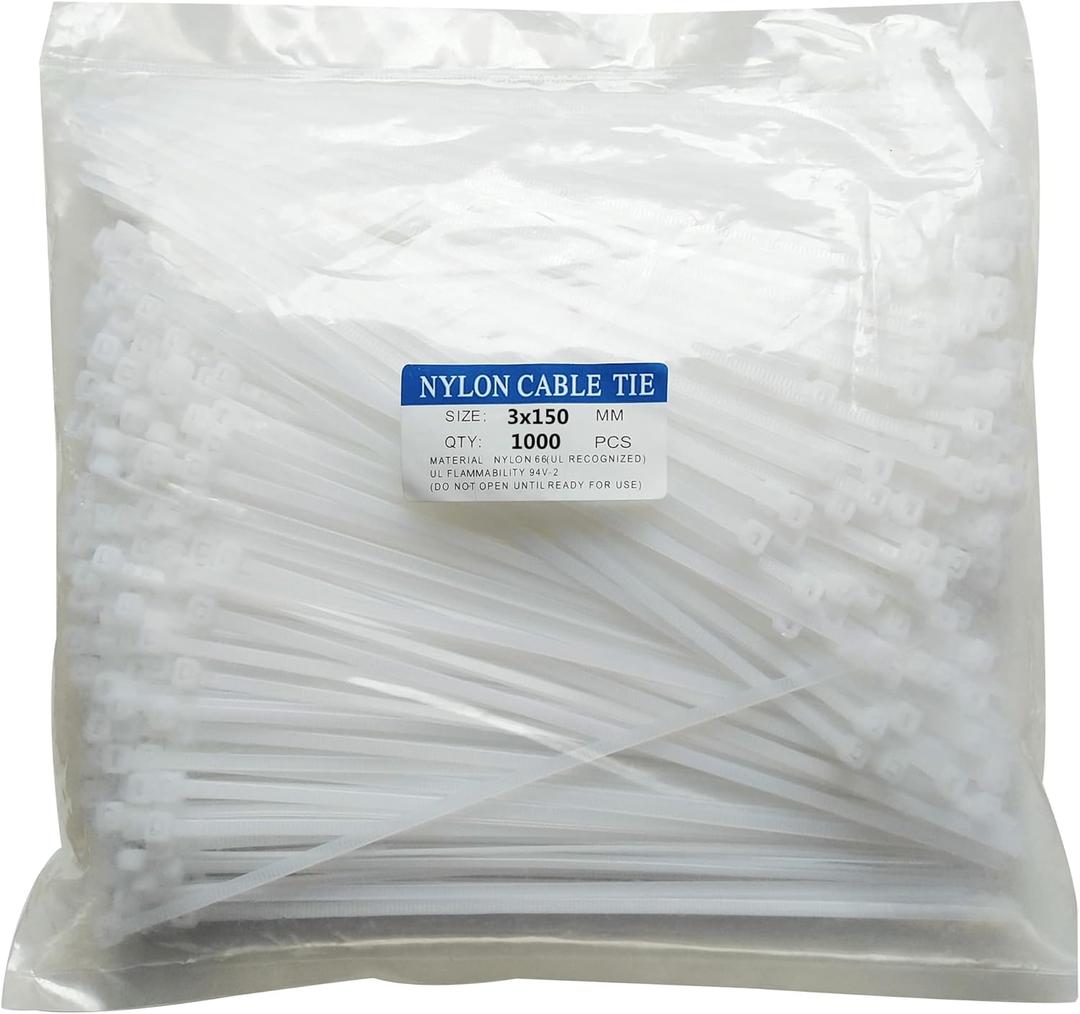 1000 pcs 6 inch Cable Zip Ties Heavy Duty, Premium Plastic Wire Ties with 18 LBS Tensile Strength, UV Resistant Cable Ties, Self-Locking White Nylon Tie Straps 6 inch ( 3 x 150mm )