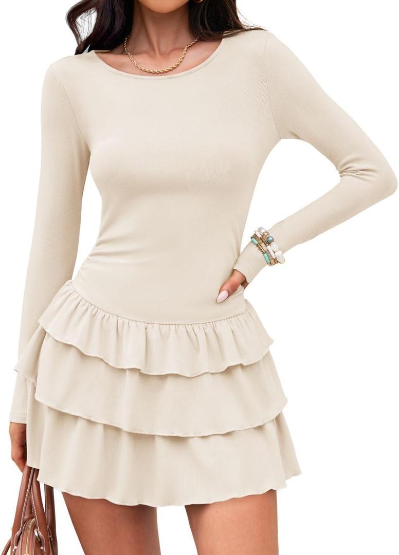 ZESICA Womens Long Sleeve Bodycon Mini Dress Ribbed Knit Crew Neck Ruffle Tiered Flowy Cocktail Party Dresses (Small, Apricot)