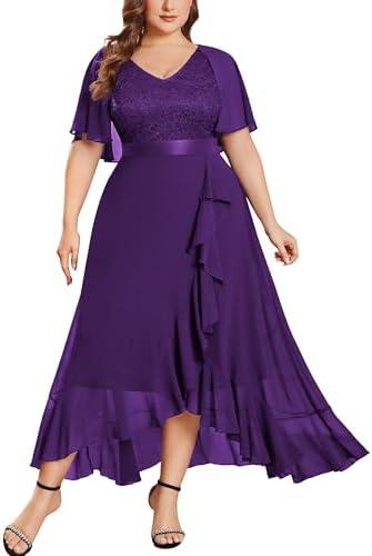 Miusol Women's Plus Size Floral Lace Cape Sleeves V Neck Ruffle Trim Formal Party Maxi Dress,Purple, 0XL