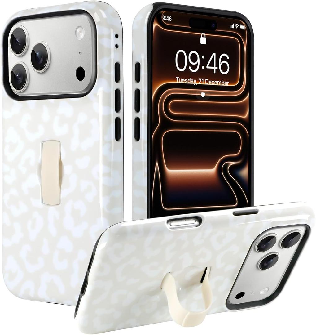 MOWIME Compatible with iPhone 17 Pro Max Case with Finger Strap, White Cheetah Leopard Print Pattern for Women Girls, Slim Shockproof 2 in 1 Silicone TPU Case for iPhone 17 Pro Max 6.9 Inch