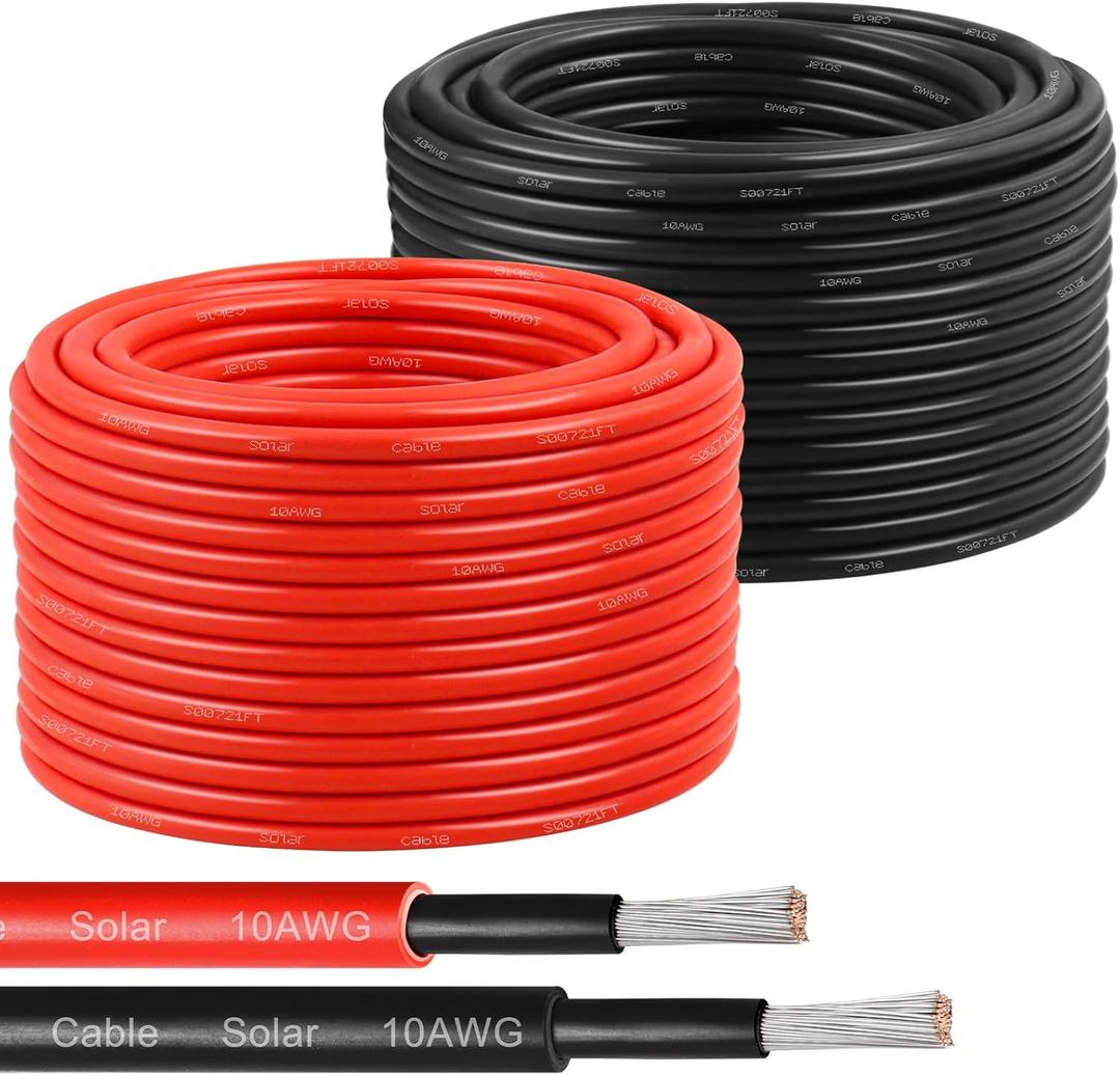 Solar Panel Wire 10 AWG(6mm) - Solar Extension Cable 100Ft Black & 100Ft Red 10 Gauge Tinned Copper PV Wire for Outdoor Automotive RV Solar Panel Boat Marine (Black+Red)