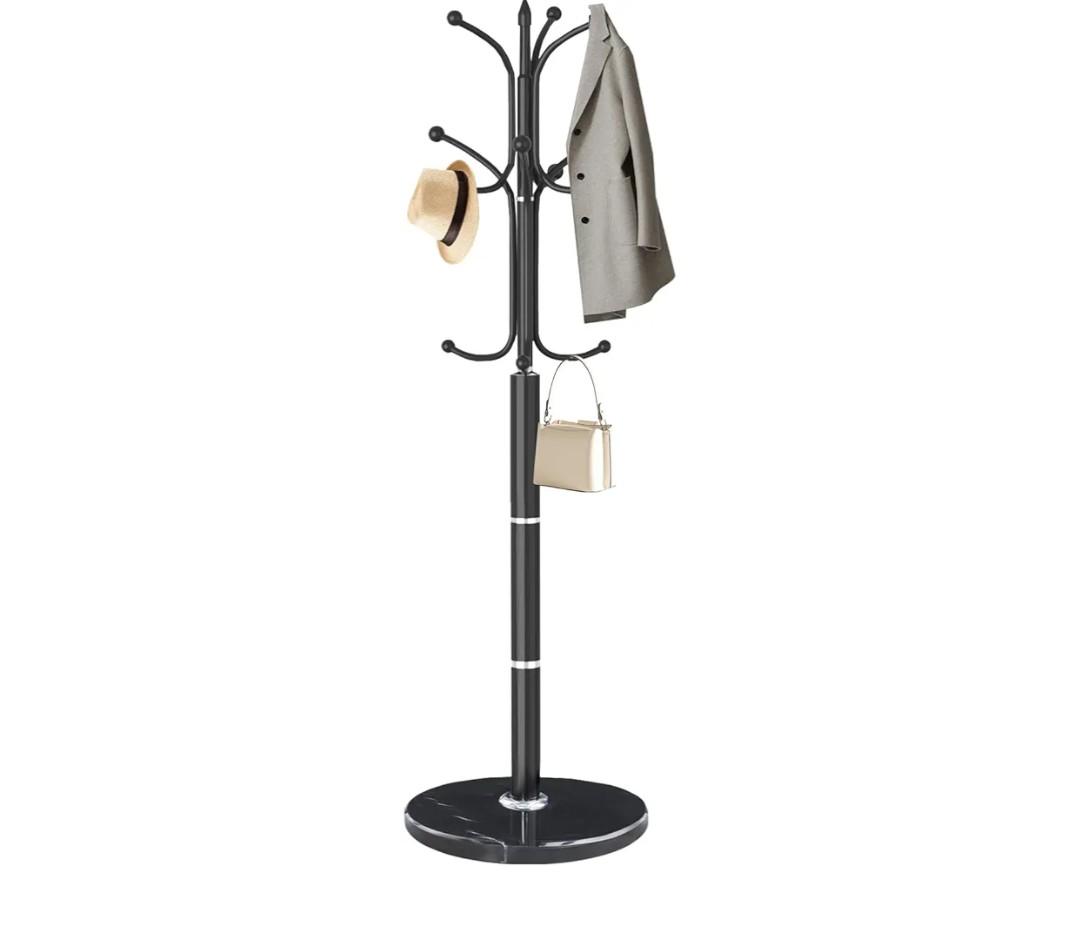EZIVIEZ Modern Coat Rack Stand, Metal Freestanding Coat Rack with Natural Marble Base, Heavy-Duty Coat Racks with 12 Hooks,Black Coat Hanger Tree Stand for Office, Entryway, Hallway