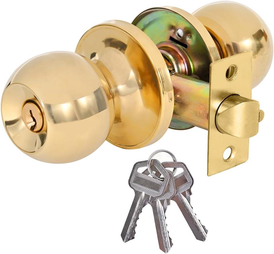 Keweilian High-Security Stainless Steel Round Ball Door Handle with Lock & Key,Door knob for Front Door, Bedroom, and Interior, Easy Installation(Gold)