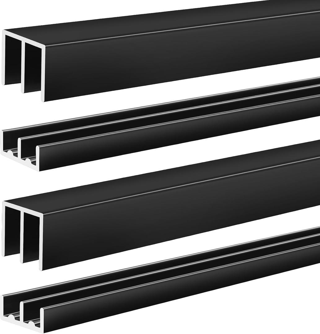 Landical 2 Set 3 ft Black Aluminum Sliding Door Track Set for 1/4" Panels, Top and Bottom Closet Door Metal Track for Cabinet, Showcase, Glass or Wood Sliding Doors