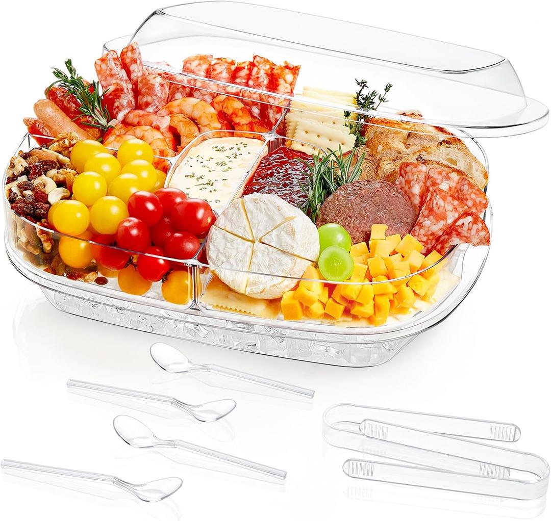 Lifewit Chilled Serving Tray with Lid, 15" Shrimp Cocktail Platter with with 2 Sauce & 4 Food Compartments, Divided Serving Bowl for Veggie, Taco, Fruit, Salad, Mimosa Bar Supplies in Party/Buffet