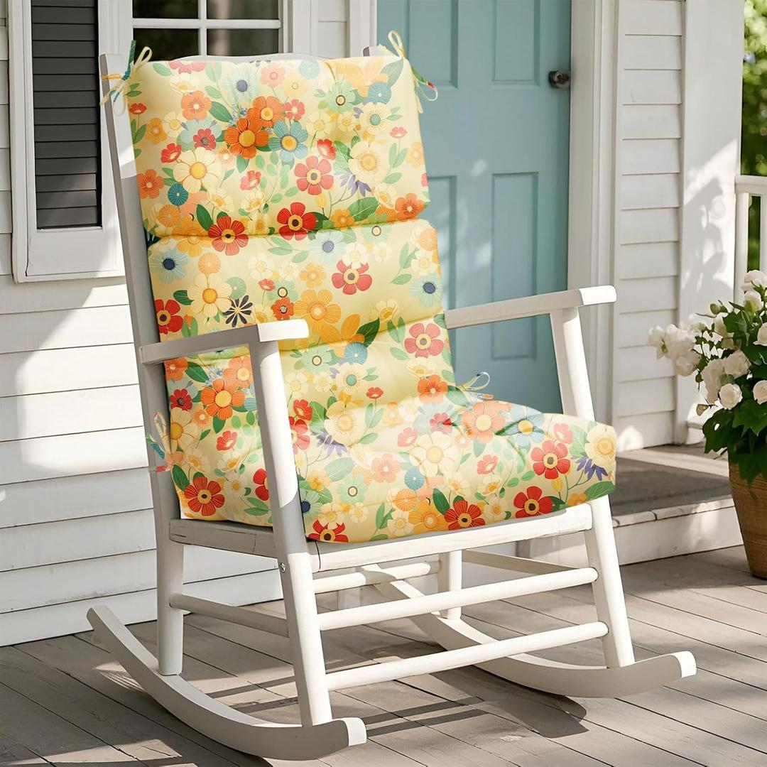 Rocking Chair Cushion, Waterproof Chairs Cushions for Adirondack Chairs Patio Chair High Back Thicked Cushions Outdoor and Indoor with Ties, Daisy (1 Pack, 4#)