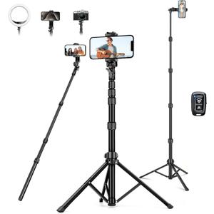 72" Tripod for iPhone, Phone Tripod with Remote, Black Aluminum, Compatible with Smartphone/Camera/Gopro, Cellphone Tripod Stand for Video Recording Selfies Vlogging