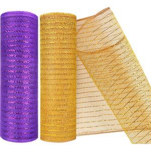 MIKIMIQI 2 Pack Deco Mesh 10 Inch x 30 Feet Decor Mesh Ribbon with Metallic Foil Deco Mesh Wreath Supplies Ribbon Mesh Roll for Spring Wreaths Craft Party, Not Wired (Gold Purple)