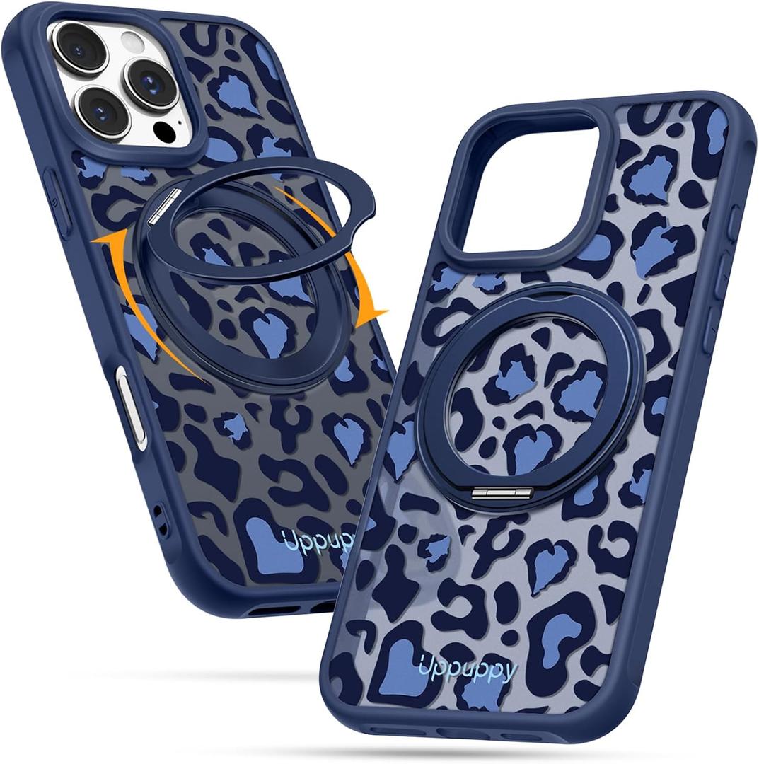 Uppuppy for iPhone 16pro max Case - Compatible with MagSafe for Women Girls Bulit-in 360 Rotatable Magnetic Ring Holder Kickstand Cute Aesthetic Blue Cheetah Print Design for Apple 16pro max