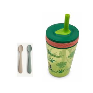 dollop Silicone Baby Feeding Spoon | 2 pack | BPA Free | Dishwasher Safe And Zak Designs Kelso 15 oz Tumbler (Dino Camo) Leak-Proof Screw-On Lid with Straw Made of Durable Plastic and Silicone, Perfect Cup Bundle for Kids