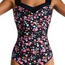 One Piece Swimsuit for Women Tummy Control Wide Straps Bathing Suits Full Coverage Swim Suit Color Block Swimwear (X-Large, Black Pink Floral)