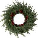 24" Christmas Wreath - Christmas Wreaths for Front Door - Christmas Decorations - Real Touch Norfolk Pine Wreath for Indoor Outdoor Wall Window Porch - Cedar Reef Garland - Free LED String Lights
