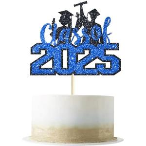 Class of 2025 Cake Topper, Blue Glitter Congrats Grad Cake Topper, Diploma Graduation Cap Cake Topper, 2025 Graduation Theme Senior High School Graduation Party Cake Supplies Decorations, 2pack