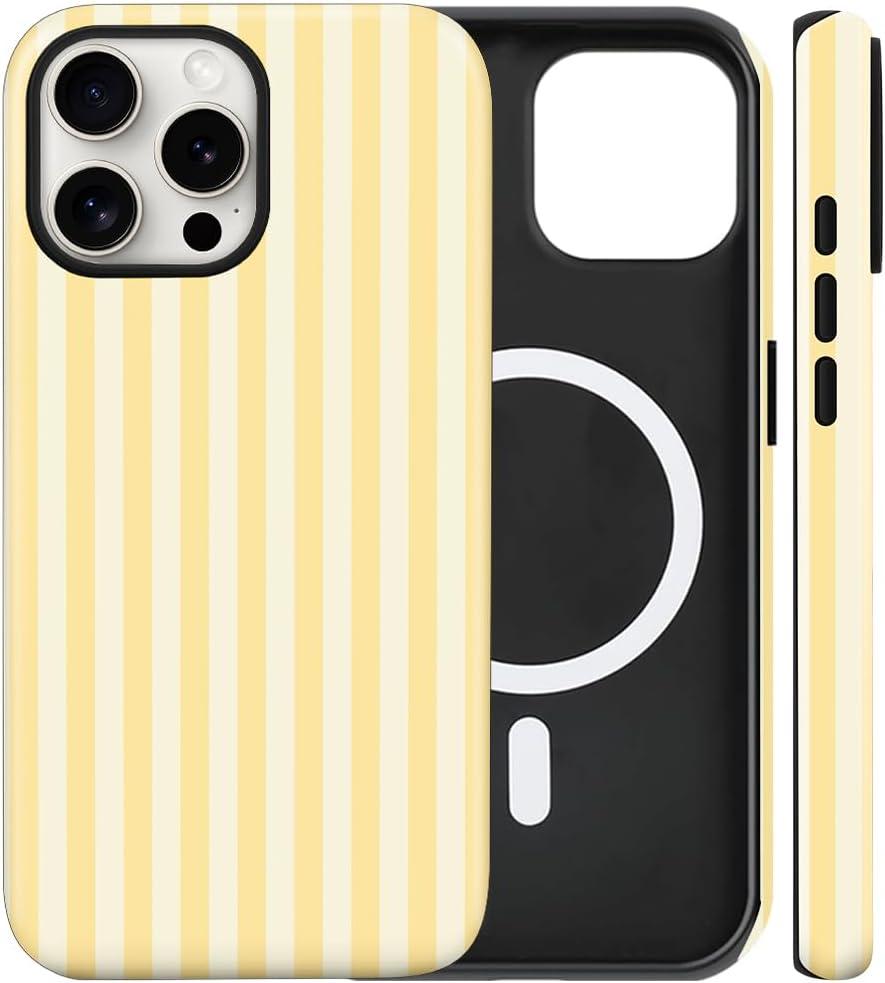 Magnetic for iPhone 16 Pro Max Case Cute Stripes Phone Case, Shockproof Slim TPU and Hard PC Protective Phone Cover Compatible with MagSafe Designed for Women Girls, Yellow
