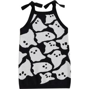 Yccutest Infant Girl Halloween Knitted Dresses Baby Girl Ghost Outfit Halloween Knit Sweater Toddler Sleeveless Mini Dress