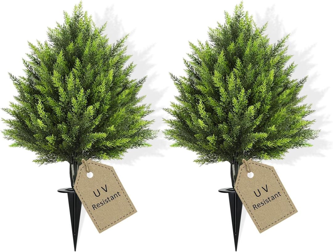 HMASYO 30" Artificial Cedar Topiary Ball Trees with Ground Spike, Set of 2 Artificial Shrubs Bushes Fake Pine Tree Evergreen Plants UV Resistant for Indoor Outdoor Front Porch Garden Decor, Larger