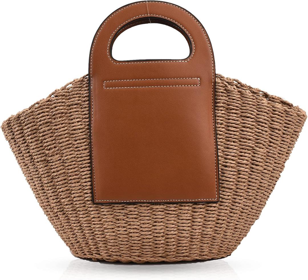 Summer Beach Bag, Hand Made Straw Beach Bag Basket Leather Stitching Tote Bag, Large Capacity Designer Handbags for Vacation Travel Daily(Khaki)