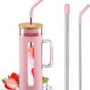 Kodrine Tumbler with Lid and Straw, 20 oz Glass Coffee Tumbler with Handle, Smoothie Cup with Bamboo Lid | Time Marker | Silicone Protective Sleeve, BPA Free -Pink