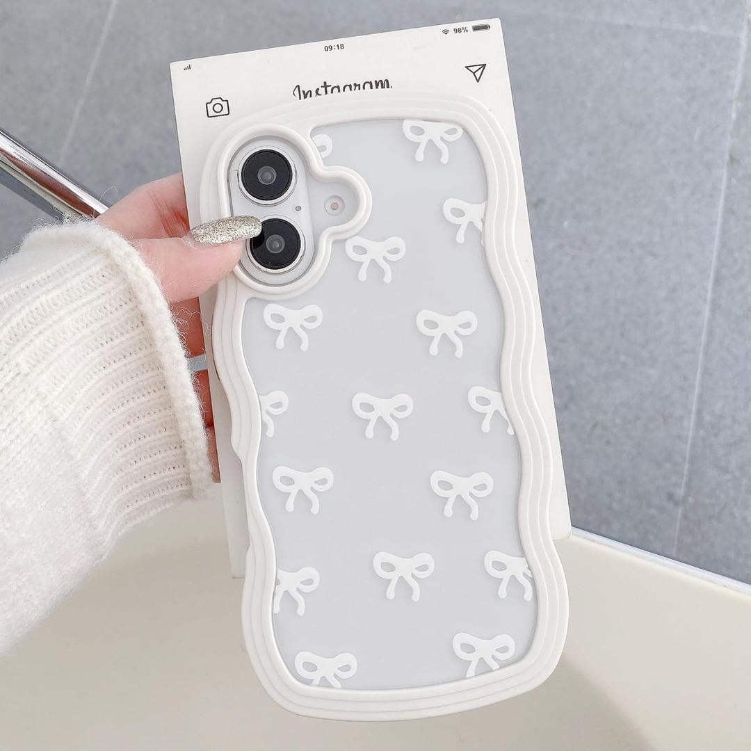 QLTYPRI Bow Case for iPhone 16 Plus, Clear Cute Ribbon Bow Phone Case Curly Wavy Aesthetic Phone Case, Slim Soft Transparent Shockproof Protective Cover for Women Girls - White