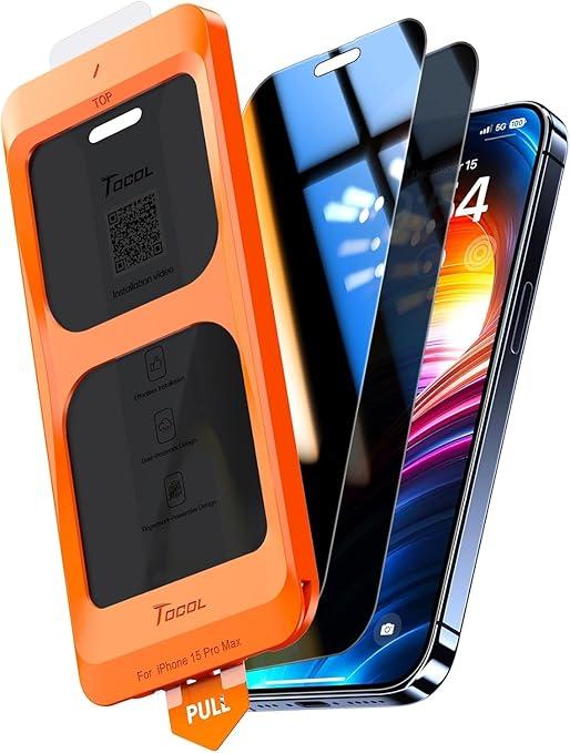 TOCOL Privacy Screen Protector for 15 Pro Max, 6.7 inch 9H Hardness Military Grade Shatterproof HD Tempered Glass Full Coverage Easy Installation 2 Pack