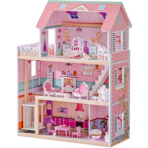 ROBUD Wooden Dollhouse, Doll House Playset, 24.3*12*32in