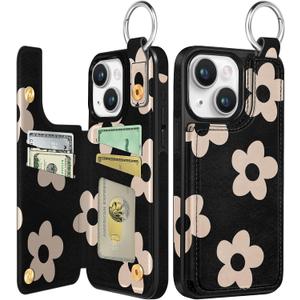 Lotadilo for iPhone 15 Wallet Case with Card Holder, Cute Designer Black Flower Pattern Kickstand Magnetic Clasp Back Flip Folio Leather Cases for iPhone 15 Phone for Girls Women Men Boys Teens