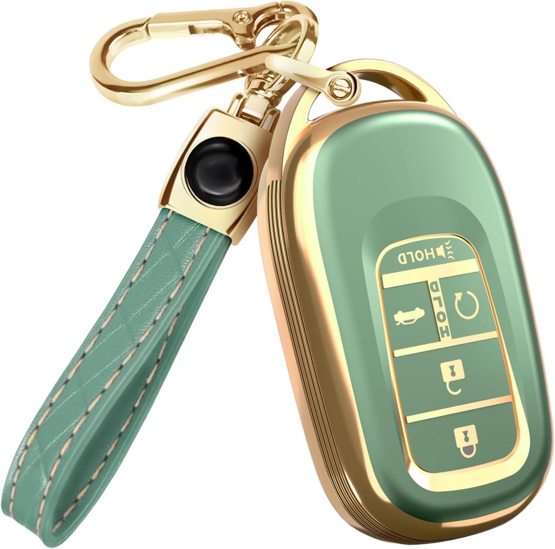 Lucrum Compatible with Honda Key Fob Cover & Leather Keychain - TPU Keyfob Case for Accord Civic CR-V HR-V Pilot Ridgeline, For 5 Button Remote (2022-2026) - Green and Gold