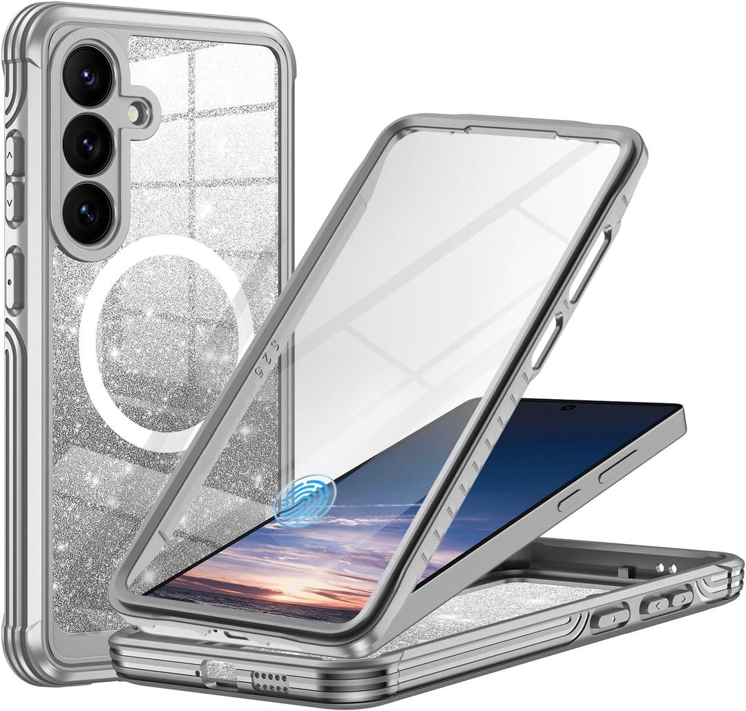 Hekodonk for Samsung Galaxy S25 Case Glitter,Compatible with MagSafe[Built-in Tempered Glass Screen Protector & Camera Lens Protection] Full Body Shockproof Protective Bling Phone Case,Gray