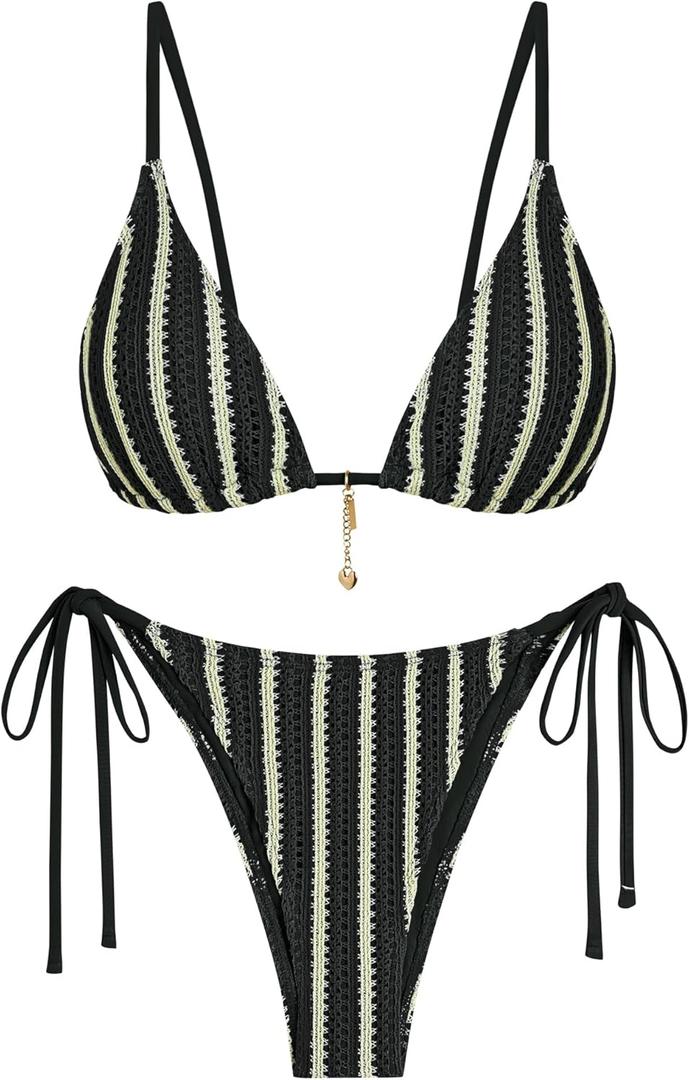 ZAFUL Crochet Bikini Sets for Women Cheeky Two Piece Bathing Suits Striped Brazilian High Cut Knit Swimsuit Tie for Vacation (Medium, A-Black)