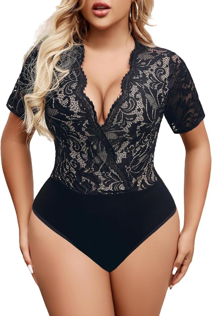 Avidlove Women Lace Bodysuit Lingerie Tops Sexy Deep V Bodysuit Tops One Piece Body Suit Short Sleeve S-XXXL (Large, Black-(with Lining))