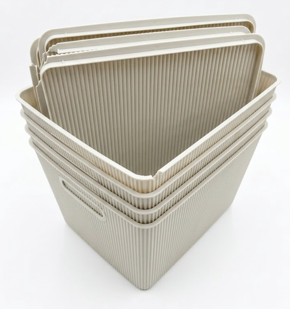 Storage Basket With Lid, Storage Baskets with Lids - Set of 4 Stackable Plastic Boxes with Handles - Decorative Shelf Organizer Bins for Bathroom and Closet