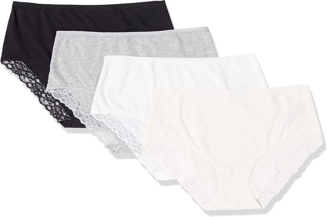 Amazon Essentials Women's Cotton and Lace Midi Brief Underwear, Pack of 4, Black/ Grey Heather/ Off-white/ White, Medium