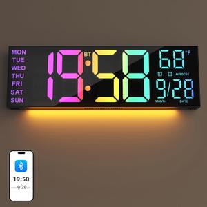 Digital Wall Clock Large Display, 16.2" Digital Wall Clock with RGB Color Changing Remote Control, Automatic Brightness Dimmer with Night Lights, Auto Time Sync, Auto DST, Date Week,Temperature (Black_bt)