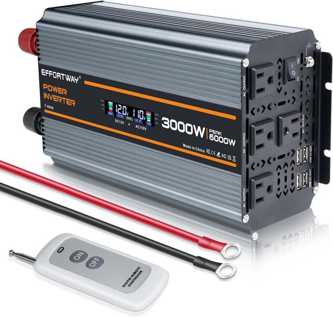 3000 watt Power Inverter DC 12V to AC 110V/120V Converter,6000w Peak.Comes with LCD Display,Wireless Controller,4AC outlets,4 USB.RV Inverter,Suitable for Camping,and Off-Grid Solar Inverter Systems