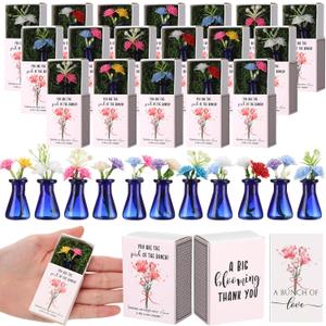 Wonderjune 12 Sets End of School Year Student Gifts Bulk for Women Positive Mini Bud Vases with Flower Office Desk Decor Mini Box Breathing Thank You Graduation Favors for Coworker (Blue)