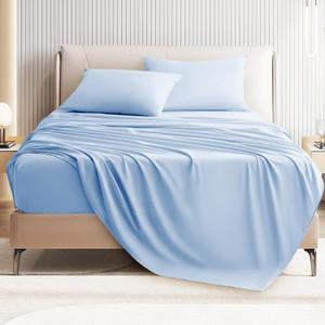 Queen Size 4 Piece Sheet Set - Comfy Breathable & Cooling Bed Sheets Set, Soft and Wrinkle Free, Deep Pockets, Easy & Secure Fit, Hotel Luxury Bedding for Women, Men - Oeko-Tex - Light Blue