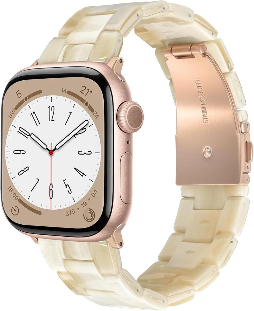 Resin Watch Band Compatible with Apple Watch Band for Women 38mm 40mm 41mm Tortoise Metal Buckle Wristband Bracelet Strap for iWatch Series 10 9 8 7 6 5 4 3 2 1 SE(Beige)