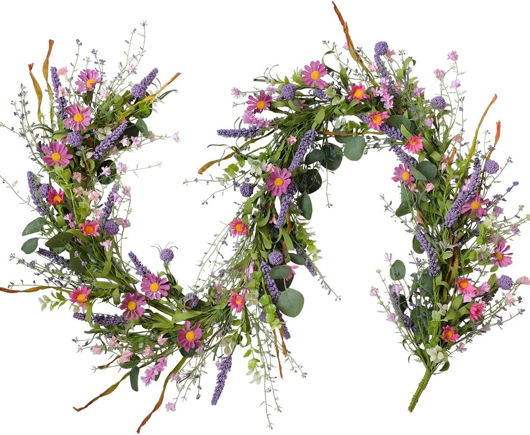 Bibelot 70inch/5.9Ft Spring/Summer Garland with Flowers, Artificial Fake Flower Greenery Garland with Daisies, Lavender for Baby Shower Wedding Mantle Party Table Centerpiece All Season Decor