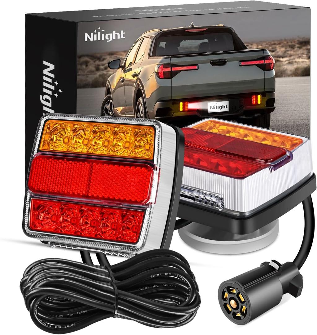 Nilight Magnetic LED Trailer Towing Light Kit 24ft Cable with 7 Pin Plug Tail Stop Amber Turn Signal License Plate Lights on 12V RV Pickup Trucks Marine Boats (5 Wire System)