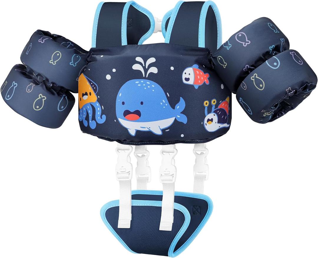 Vvinca Toddler Swim Vest for Kids 13-30lbs Boys Girls Puddle Kid Jumper Toddlers Pool Floaties Jacket with Adjustable Crotch Strap Sleeves Shoulder for 1 2 3 Years Old Baby Infant Learn to Swimming
